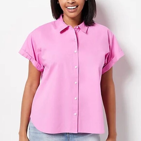 Candace Cameron Bure Stretch Poplin Short-Sleeve Shirt - Picture 1 of 5